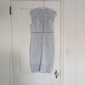 Women's Bridgerton-Inspired Bardot Light Blue Lace Midi Dress